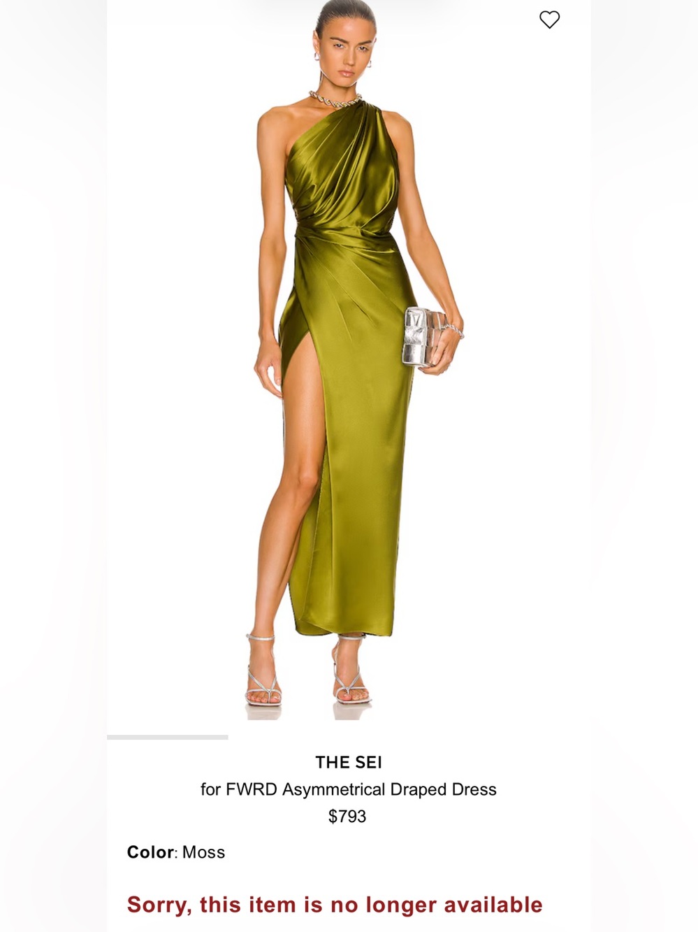 The Sei- silk green retail $1242 for FWRD Asymmetrical Draped Dress Color: Moss